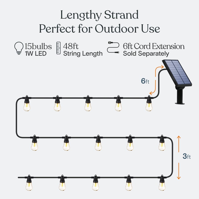 Brightech Ambience Pro Solar Powered Outdoor String Lights, 48 ft Commercial Grade Waterproof Patio Lights, 15 Edison Bulbs, Shatterproof LED String Lights for Outside, Porch - 1W Soft White - Image 3